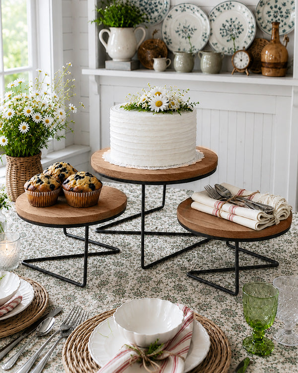 Round Wire Display Risers Wood Tops, Set of 3