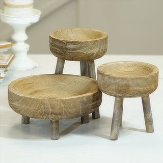 Farmhouse wood tripod riser set showing natural finish variations