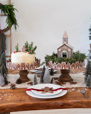 Rustic Wood Gingerbread Village Tiered Cake Stand, Set of 2