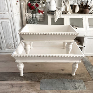 White distressed wooden riser trays product view