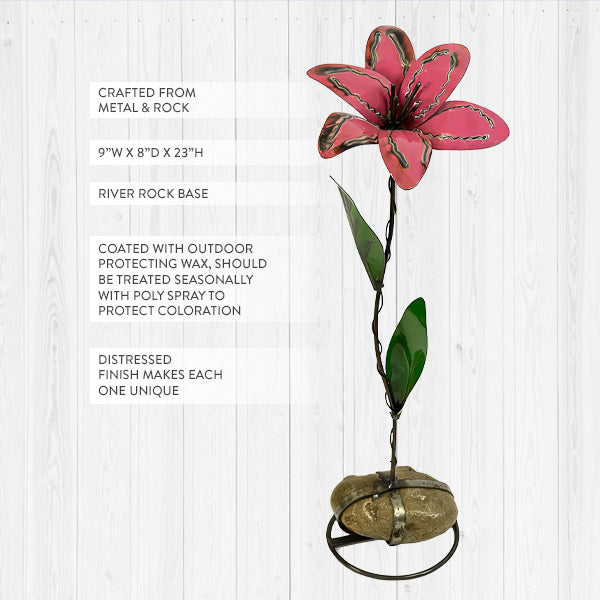 metal lily flower Metal Lily Flower with River Rock Base – Outdoor Wax Coated