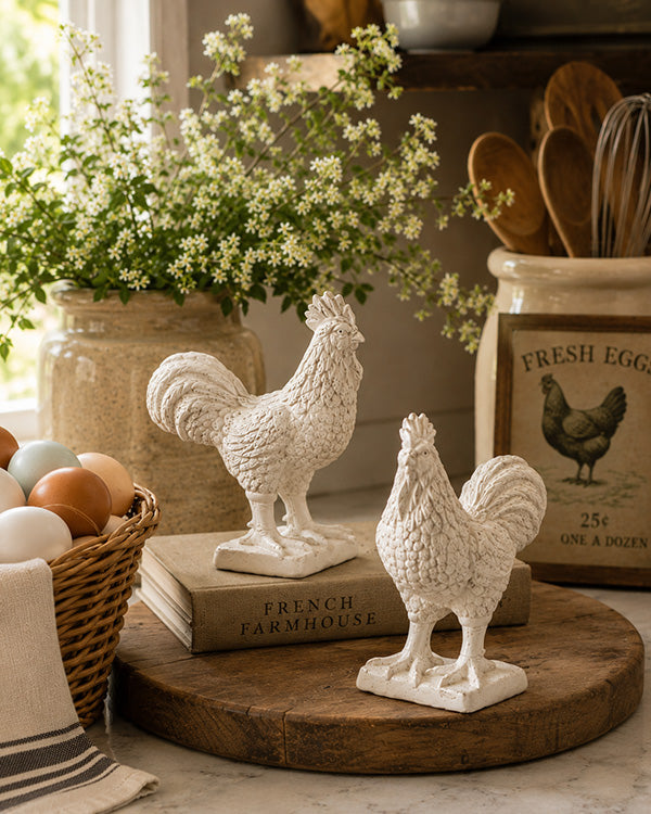 Cast Iron Antique White Rooster Figurine, Set of 2