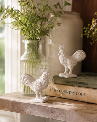 Cast Iron Antique White Rooster Figurine, Set of 2