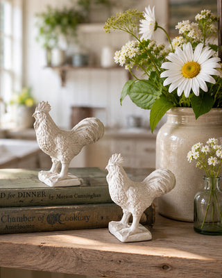 Cast Iron Antique White Rooster Figurine, Set of 2