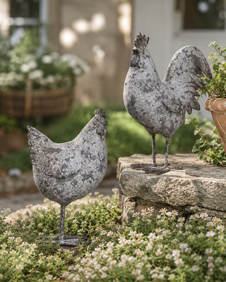 Distressed White Resin Rooster Garden Statue, Set of 2