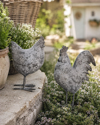 Distressed White Resin Rooster Garden Statue, Set of 2