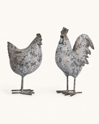 Distressed White Resin Rooster Garden Statue, Set of 2