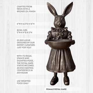 Female Royal Hare statue dimensions infographic showing 6"W x 6.5"D x 16"H measurements and bowl size 5"W x 4"D x 2"H with product features