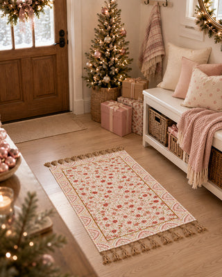 Pink Floral Chenille Area Rug with Tassels