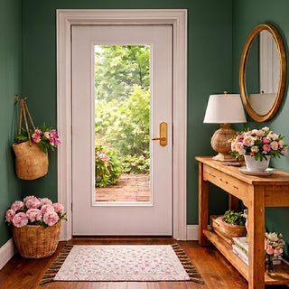 Pink Floral Chenille Area Rug with Tassels