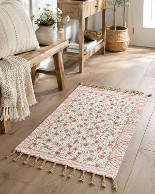 Pink Floral Chenille Area Rug with Tassels