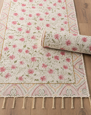 Pink Floral Chenille Area Rug with Tassels
