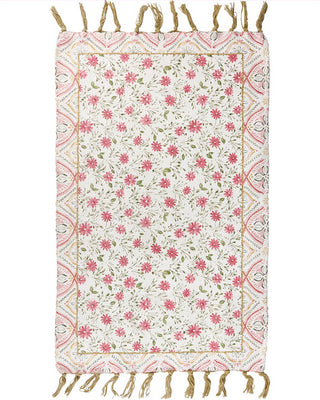 Pink Floral Chenille Area Rug with Tassels