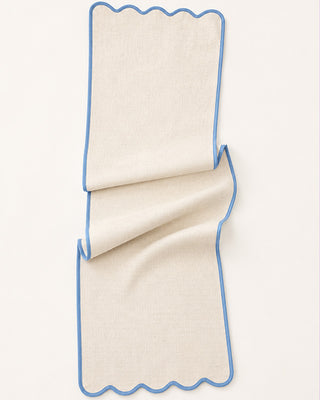 Ivory Table Runner with Blue Scalloped Edge – 60" Cotton Runner