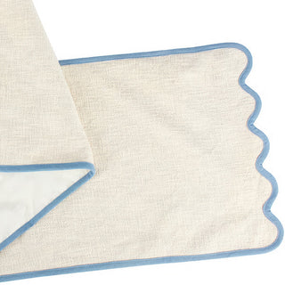 Ivory Table Runner with Blue Scalloped Edge – 60" Cotton Runner