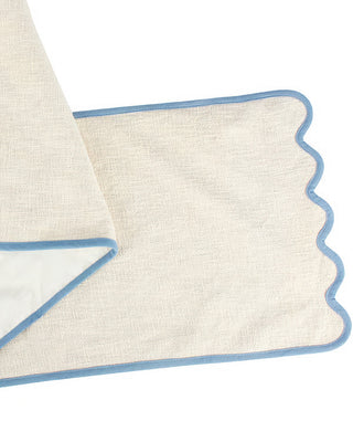 Ivory Table Runner with Blue Scalloped Edge – 60" Cotton Runner
