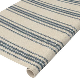 Blue stripe paper table runner styled on farmhouse table with sage green accents