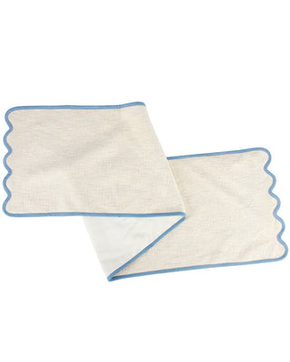 Ivory Table Runner with Blue Scalloped Edge – 60" Cotton Runner