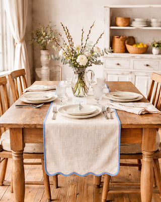 Ivory Table Runner with Blue Scalloped Edge – 60" Cotton Runner