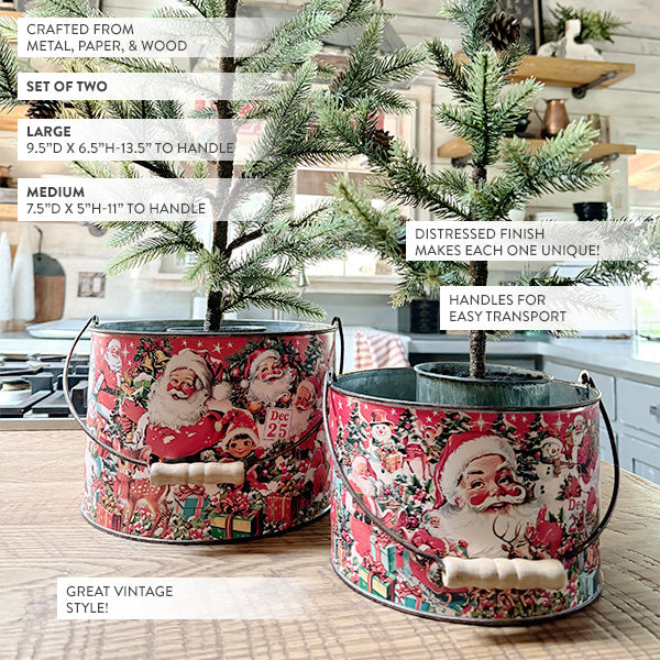 Vintage Inspired Santa Patterned Buckets, Set of 2 - Decor Steals