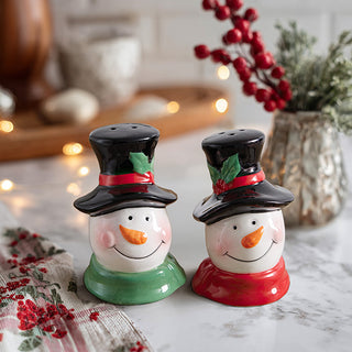 Cheerful Snowman Salt and Pepper Shakers with Black Top Hats, Set of Two