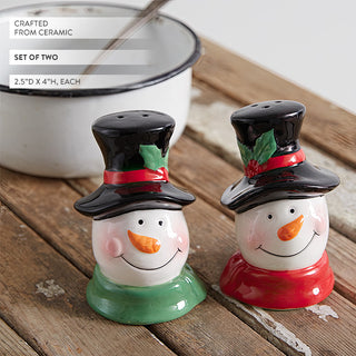 Cheerful Snowman Salt and Pepper Shakers with Black Top Hats, Set of Two