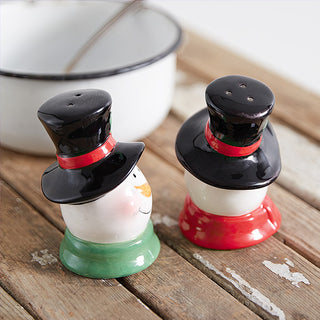 Cheerful Snowman Salt and Pepper Shakers with Black Top Hats, Set of Two