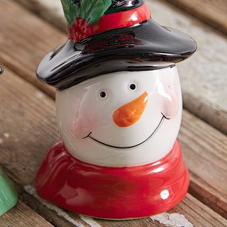 Cheerful Snowman Salt and Pepper Shakers with Black Top Hats, Set of Two