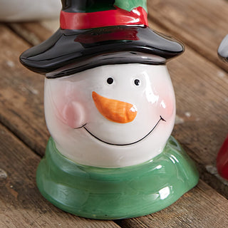 Cheerful Snowman Salt and Pepper Shakers with Black Top Hats, Set of Two