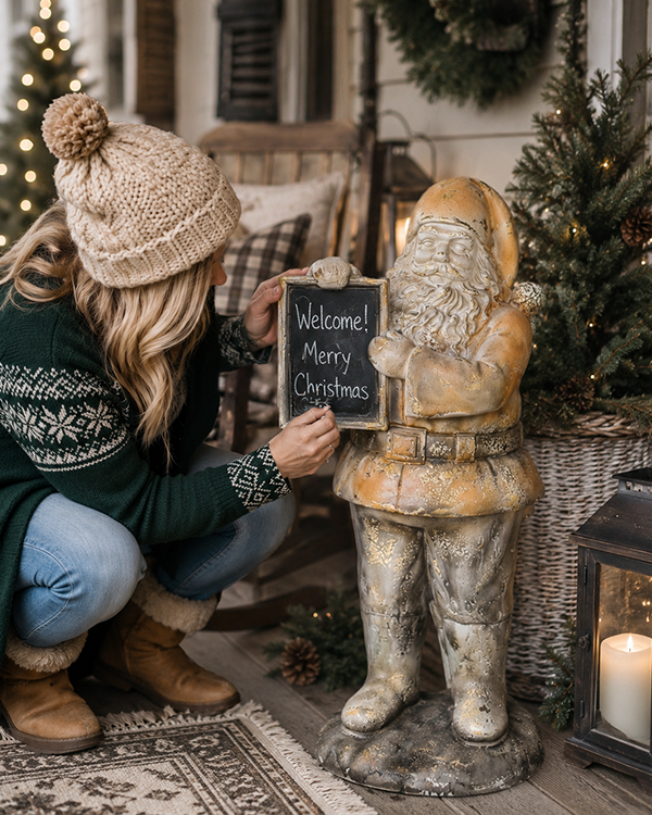Antique Inspired Santa with Writable Chalkboard 31 Inch Statue