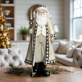16 Inch Neutral Santa Figurine Gold Tree Staff Harlequin Trim | Christmas Decor