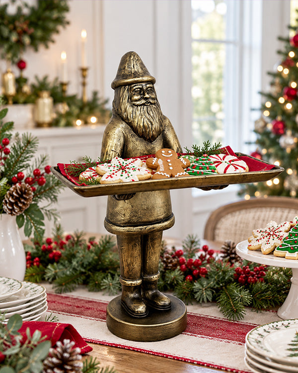 Brass-Tone Bearded Santa Figurine with Tray