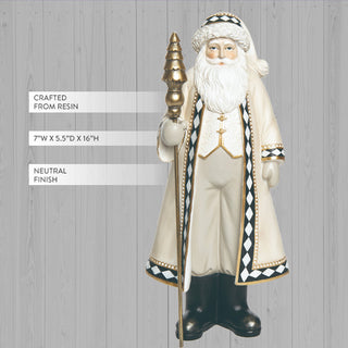 16 Inch Neutral Santa Figurine Gold Tree Staff Harlequin Trim | Christmas Decor