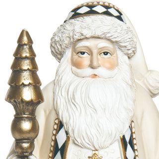 16 Inch Neutral Santa Figurine Gold Tree Staff Harlequin Trim | Christmas Decor