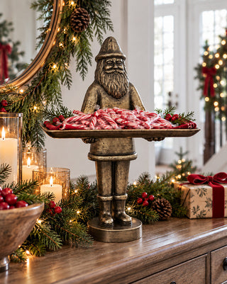 Brass-Tone Bearded Santa Figurine with Tray
