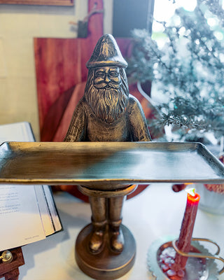 Brass-Tone Bearded Santa Figurine with Tray