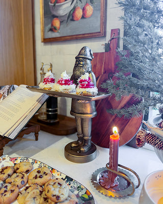 Brass-Tone Bearded Santa Figurine with Tray