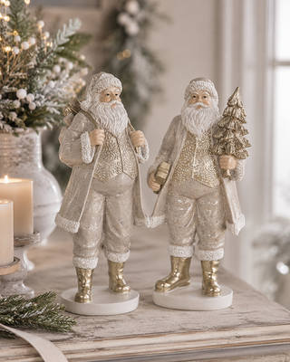 Elegant Santa Figurines, Set of 2 Gold Ivory 12 Inch Christmas Tabletop Decor