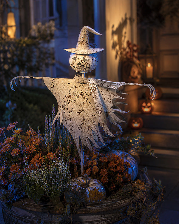 Rustic White Metal Scarecrow Yard Stake