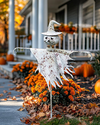 Rustic White Metal Scarecrow Yard Stake