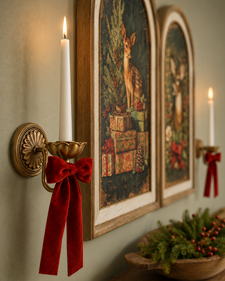 Holiday Wall Sconce with Bow, Set of 2 Metal Christmas Candle Sconces