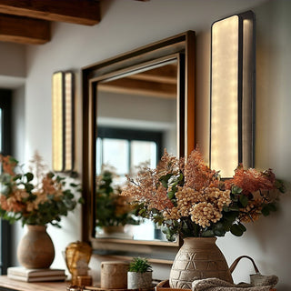 Modern vertical LED wall sconces set of two with warm light and distressed finish