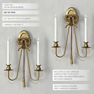 Ornate Bow Gold Wall Sconce Set of 2 with LED Taper Candles and Remote Control