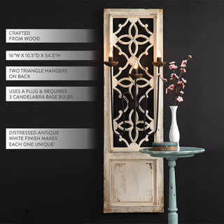 Estelle wall sconce 54 inches tall distressed wood carved detail decorative panel plug in lighting
