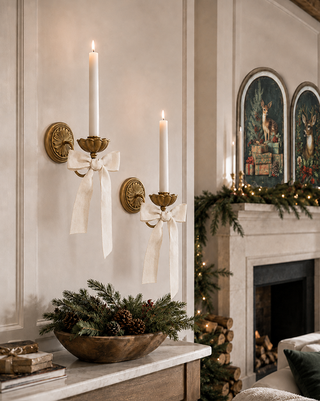 Holiday Wall Sconce with Bow, Set of 2 Metal Christmas Candle Sconces
