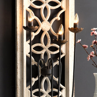 Rustic wooden wall sconce tall carved panel distressed antique white pine three light fixture