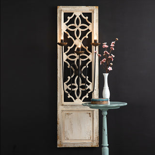 Decorative wall sconce plug in lighting rustic farmhouse carved wood panel three candelabra bulbs