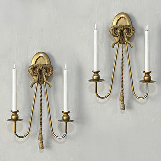 Ornate Bow Gold Wall Sconce Set of 2 with LED Taper Candles and Remote Control