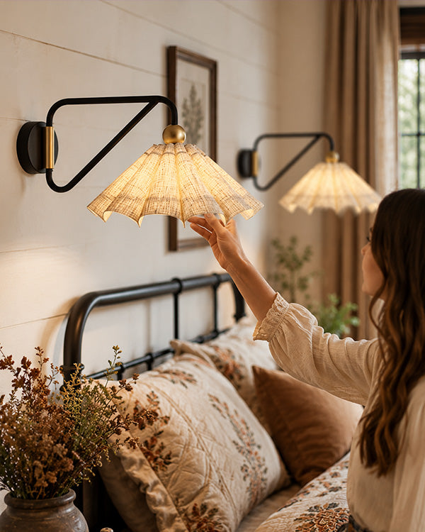 Wireless Pleated Linen Fabric Shade Wall Sconces, Set of Two | Remote Control with Timer