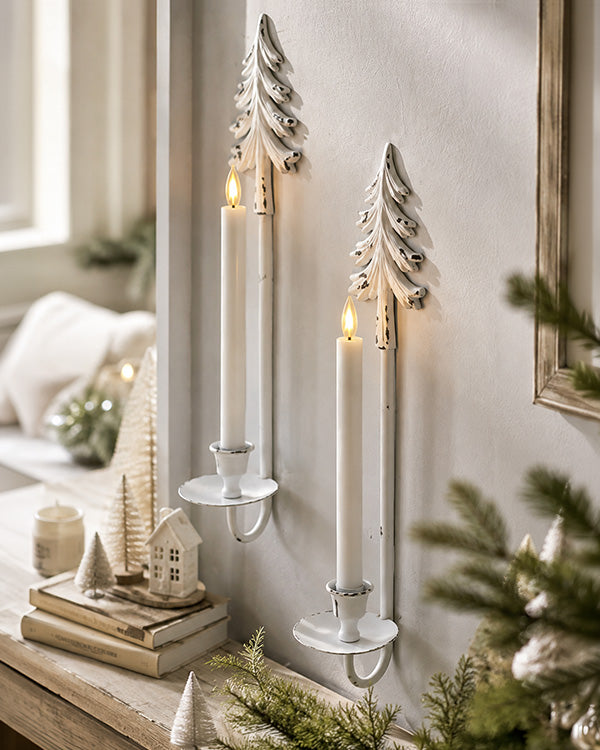 White Distressed Metal Christmas Tree Wall Sconces with LED Taper Candles, Set of 2
